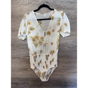 Intimately Free People Bodysuit Small White Yellow Floral Sunflower Cotton
